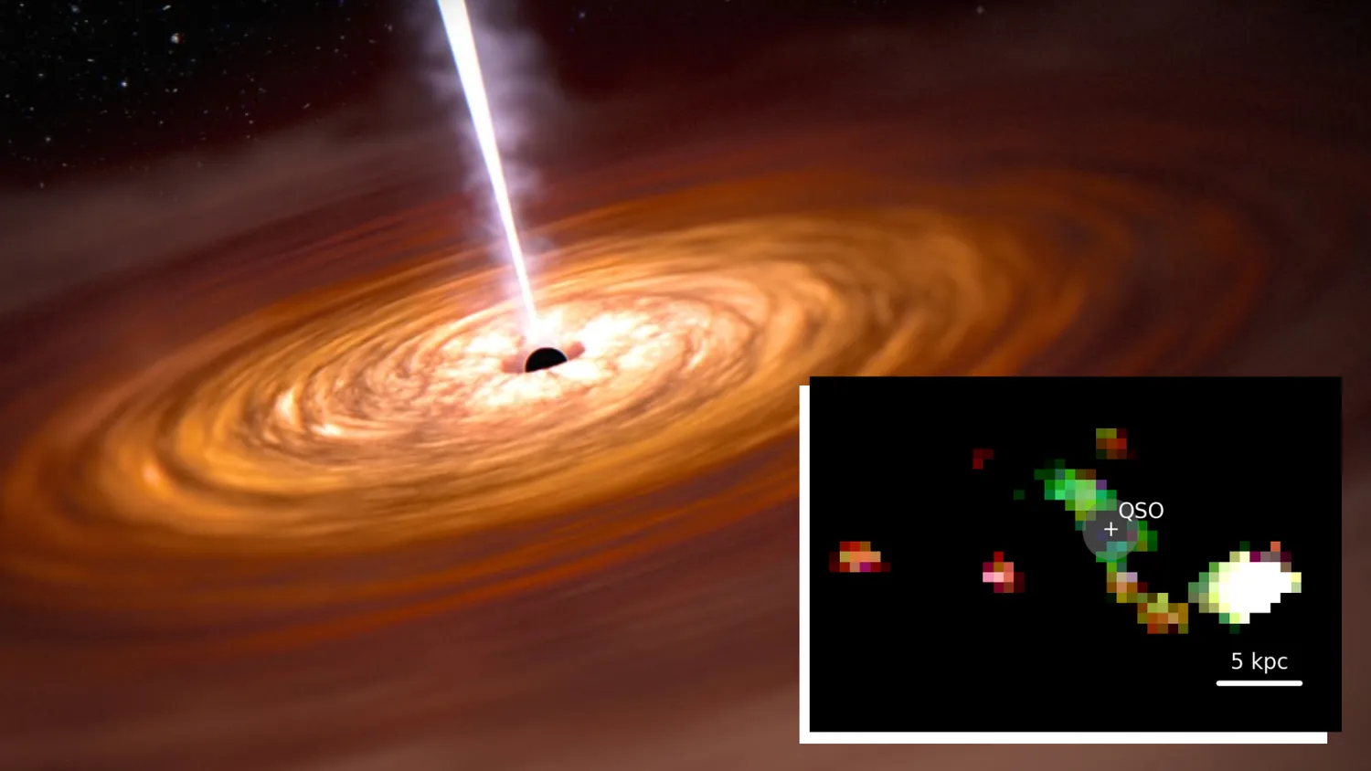 Mehr über den Artikel erfahren James Webb Space Telescope sieht ein uraltes schwarzes Loch mit kollidierenden Galaxien tanzen