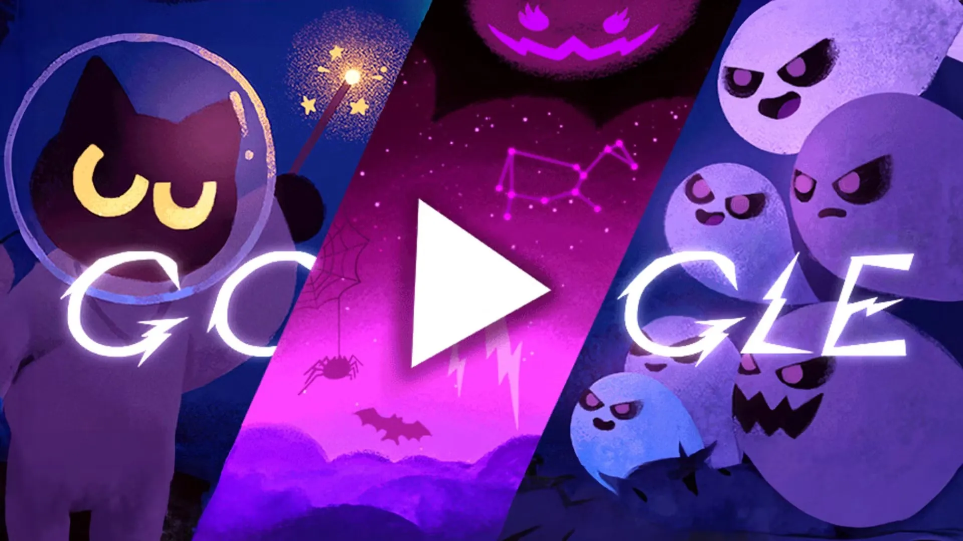 Mehr über den Artikel erfahren Kampf gegen Weltraumgeister als Astronautenkatze im gruseligen Halloween 2024 Google Doodle